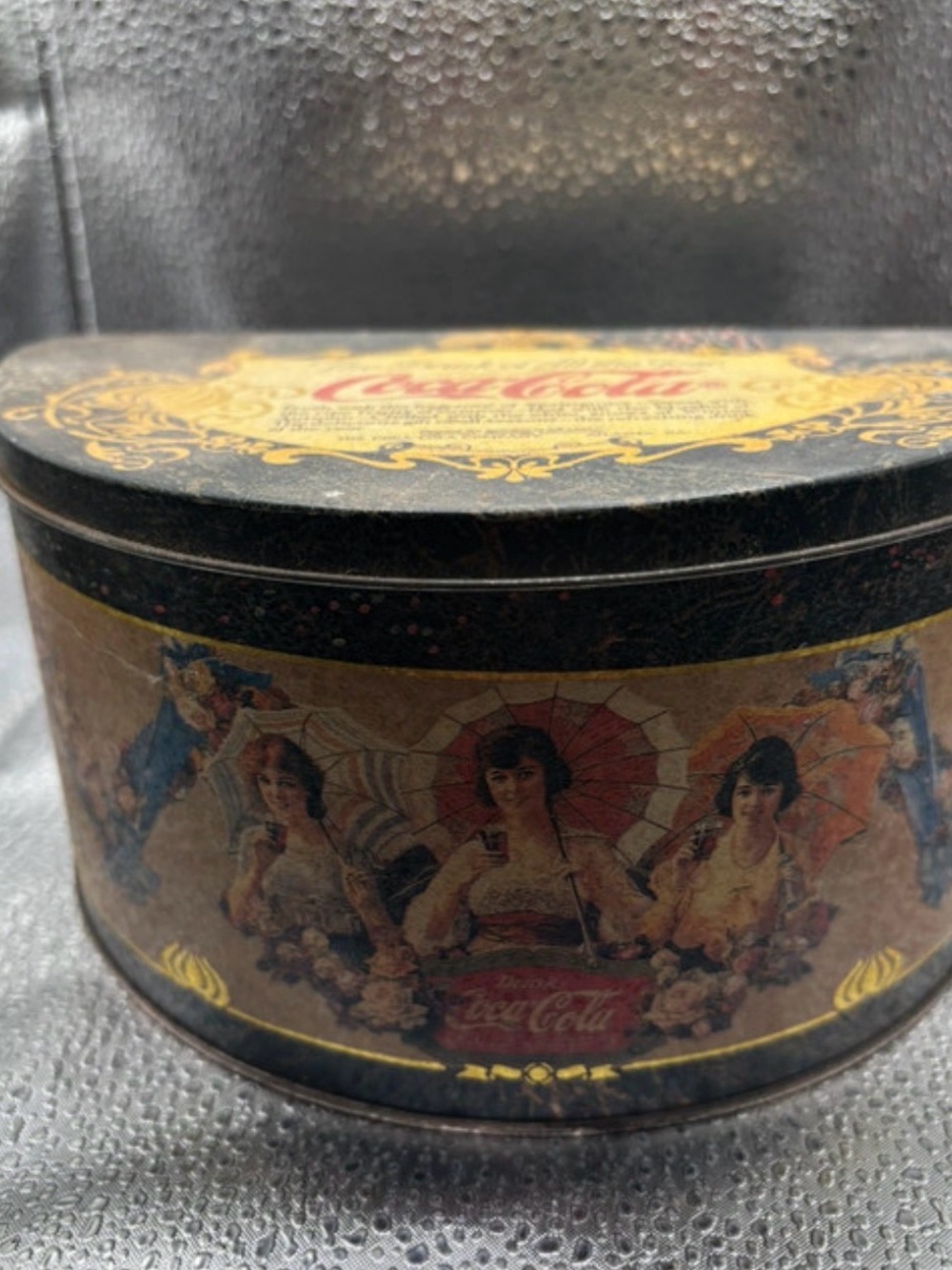 Coca Cola Black and Gold Round Decorative Tin with Vintage Ladies Artwork